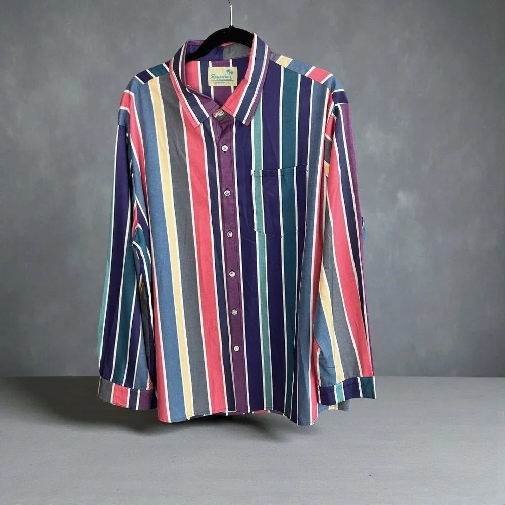 Royaura Men's Shirt Colorful Wide Stripe Easy Care Long Sleeve Size XL